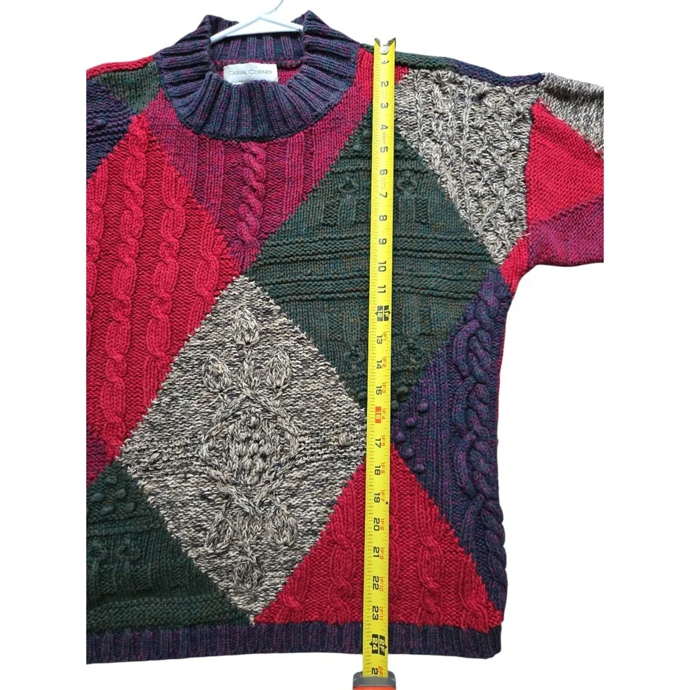 Vintage Casual Corner Chunky Sweater Med Diamond Argyle Green‎ Burgundy Tan EUC
